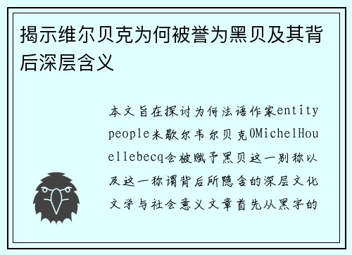 揭示维尔贝克为何被誉为黑贝及其背后深层含义
