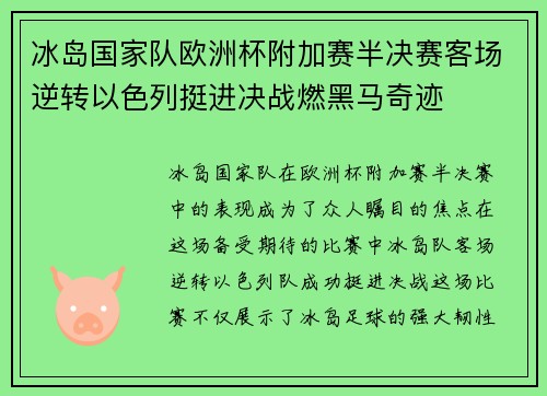冰岛国家队欧洲杯附加赛半决赛客场逆转以色列挺进决战燃黑马奇迹
